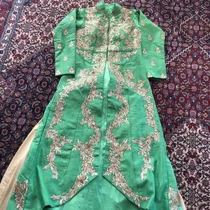 Green and tan gold Kurti with skirt and pants